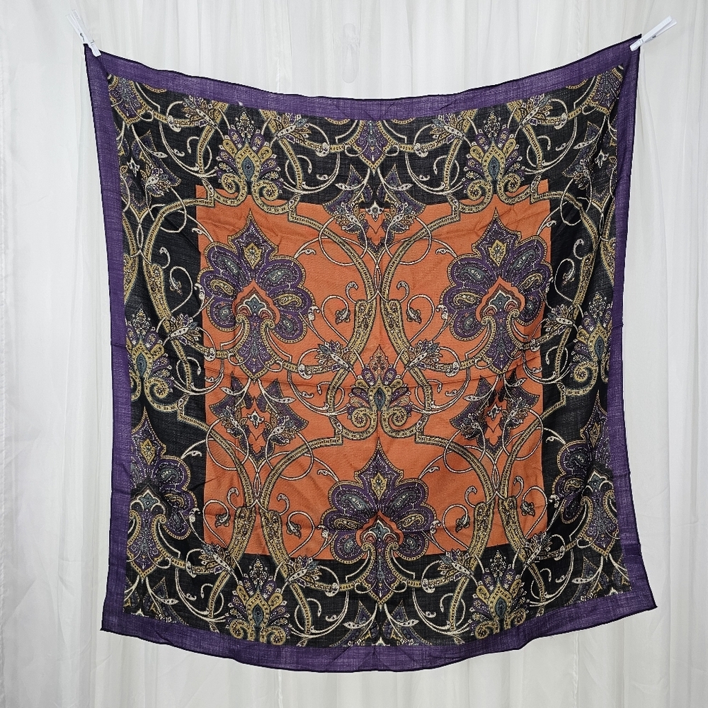 Vintage Lord & Taylor Square Scarf  100% Wool Ornate Paisley Orange Purple